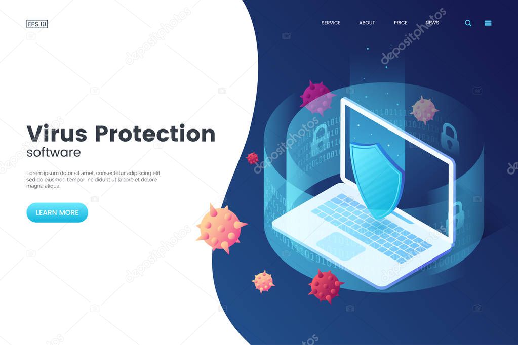 Virus protection vector illustration. Internet security. Cyber attack on the computer. Computer protection by antivirus software. Isometric concept. Protective laptop and shield.