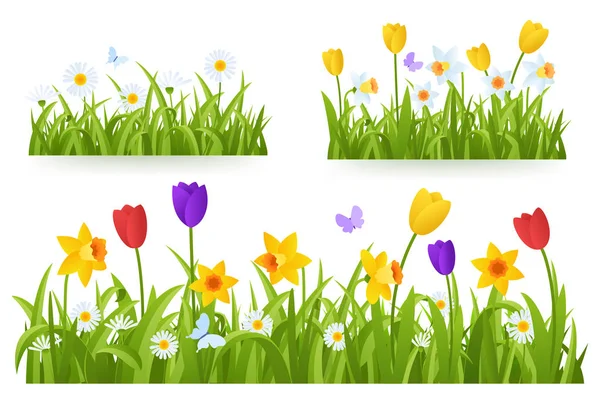 Frühlingsgrasrand mit Frühlingsblumen und Schmetterling auf weißem Hintergrund. Illustration von farbigen Tulpen, Narzissen und Gänseblümchen. Gartenbeet. Frühling Design-Element. Vektor Folge 10. — Stockvektor