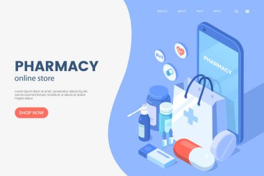Online eczane izometrik çizimde. Alışveriş çantası, tıbbi malzeme, şişe sıvı ve hapları ile smartphone. Eczane web sayfası kavramı. Eczane alımları. Vektör eps 10.