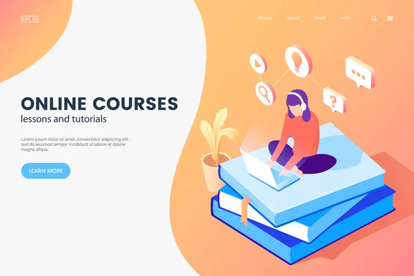 Online Kurslar izometrik çizimde. Dizüstü bilgisayar ile kız kitap üzerinde oturuyor. Online Eğitim web sayfası kavramı. E-öğrenme banner tasarımı. Vektör eps 10.