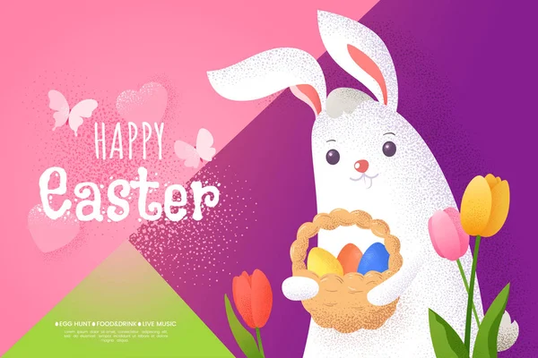 Tarjeta de felicitación de Pascua en estilo plano con efecto de textura de grano. Lindo conejito de Pascua con una cesta de huevos sobre un fondo colorido. Aplicable para banner web, póster promocional, invitación. Vector eps 10 . — Archivo Imágenes Vectoriales