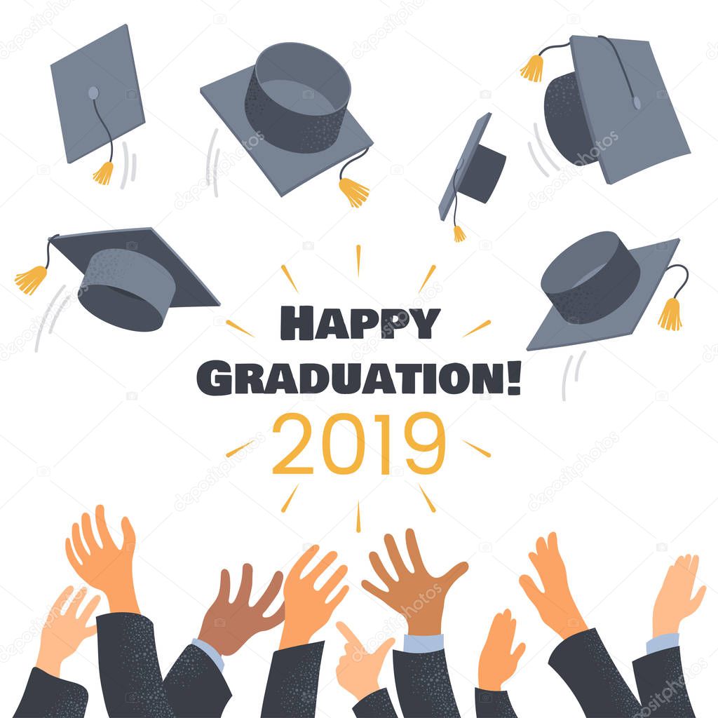 Graduates throwing graduation caps in the air. Composition with hands of students and academic caps. Flat style. Greeting card for education ceremony. Vector illustration.