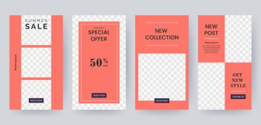 Mercan renklerde sosyal medya hikayeleri için afiş ayarlayın. Sosyal ağlar hikaye tasarım öğeleri. Ürün kataloğu, indirim kuponu, reklam için geçerlidir. Vektör eps 10