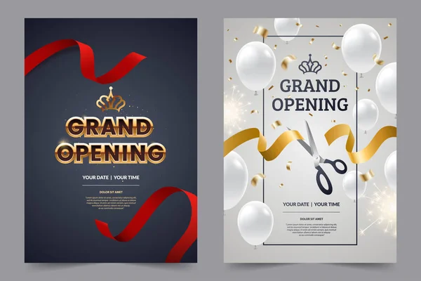 Grand Opening inbjudan Flyer med rött och guld klippa band och sax. Gyllene text på lyxig bakgrund. Fallande konfetti med vita ballonger. Öppna Inbjudnings design. Vektor EPS 10. — Stock vektor