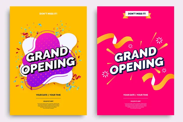 Grote opening invitationt sjabloon. Kleurrijke creativiteit ontwerp met vette tekst, heldere achtergrond en een uitbarsting van confetti. Lint snijden ceremonie. Vector illustratie. — Stockvector