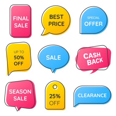 Geometrik düz rozetler ince bir anahat ile ayarlayın. Renkli konuşma kabarcıkları ve satılık promosyon için afiş. Pazarlama etiketi koleksiyonu. İndirimler için dekoratif etiketler. Vektör çizimi.
