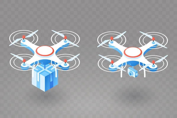 Isometrica consegna drone icona. Drone con videocamera. elicottero quad volante isolato su sfondo trasparente. Logistica e rilevamento aereo. Elemento per il vostro design. Illustrazione vettoriale . — Vettoriale Stock