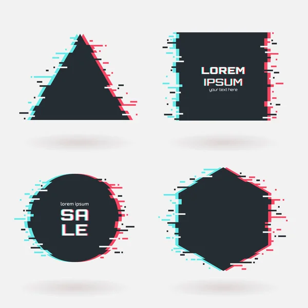 Vector glitch frames set. Geometric shapes with Tv distortion effect. Circle, triangle, rhombus and square with vhs glitch texture. Applicable for banner design,invitation, party flyer etc. — Stock Vector