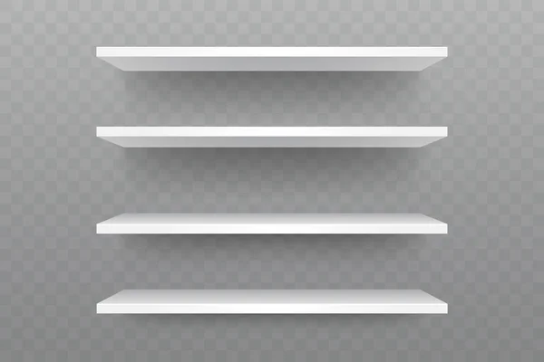 White shelves on the wall. Empty shop shelf with falling shadow. Product shelves isolated on transparent background. Blank showcase mock up. Interior element for bookstore or supermarket.