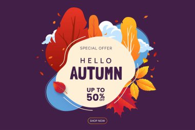 Renkli sonbahar afiş. Düşen yaprakları ve parlak renkli yaprakları ile ağaçlar. Sonbahar kartı tasarımı. Sonbahar satışı için promo Illustration. Vektör EPS 10.
