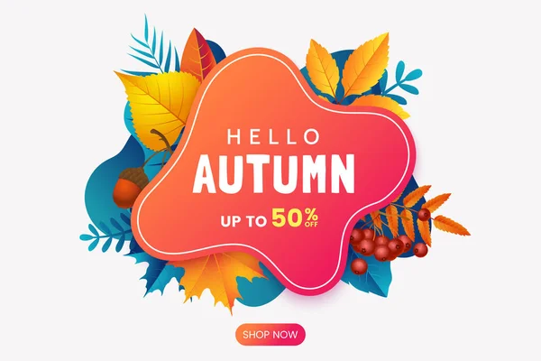 Autunno vendita banner design. Modello di adesivo vendita autunno. Astratto sfondo geometrico con foglie che cadono colorate. Sullo sfondo fogliare caduto. Distintivo promozionale per il tuo design stagionale. Illustrazione vettoriale . — Vettoriale Stock