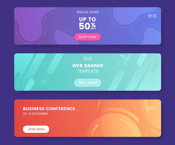 Banner web colorat cu buton apăsat. Colecție de bannere de promovare orizontală cu culori gradiente și backdrop.Header design abstract geometric. Vibrant șablon cupon. Vector eps 10 — Vector de stoc