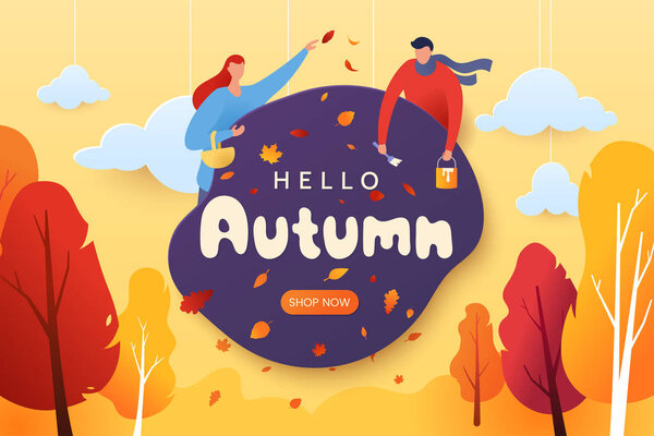 Hello autumn vector illustration. Decorative autumn greeting card with characters, falling leaves, and red-yellow trees. Paper cut style. Fall season. Applicable for web banner, poster. Eps 10.