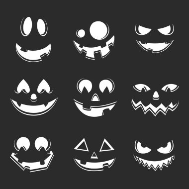 Kabak oyma ürkütücü yüz seti. Cadılar Bayramı korkunç yüzleri koleksiyonu. Jack o fener gülümseme silueti. Komik ve korkunç gözler ve ağız. Cadılar Bayramı kutlama geleneksel unsur. Vektör Eps 10.