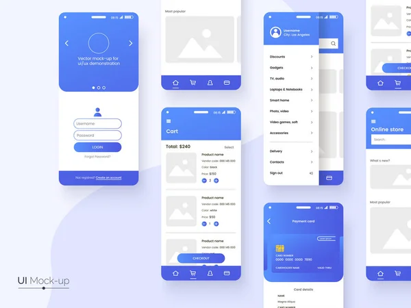 Kullanıcı arayüzü dizayn şablonu mavi renklerde. Uygulama arayüzü sunumu için kavramsal cep telefonu ekran modeli. Ui, Ux, Gui kiti gri arka planda izole edildi. Vektör 10.