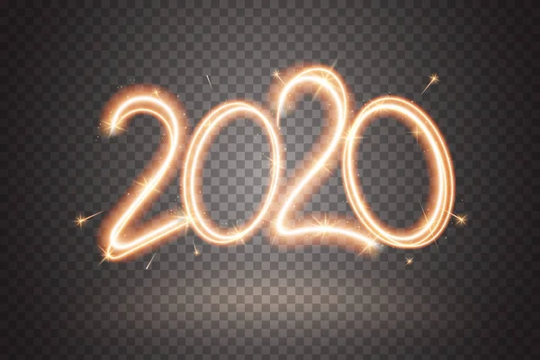 2020年の輝き。透明な背景に分離されたグレーフレア効果を持つ花火の看板。新年の輝くシンボル。バナー、チラシ、ポスターに適用されます。ベクターイラスト — ストックベクタ