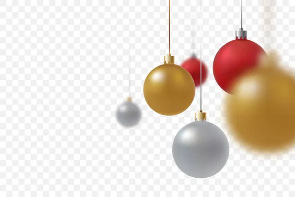 Hanging Christmas balls close up isolated on transparent background. Gold, red and silver xmas balls with defocused effect. Traditional decoration for the winter holidays. Vector illustration.