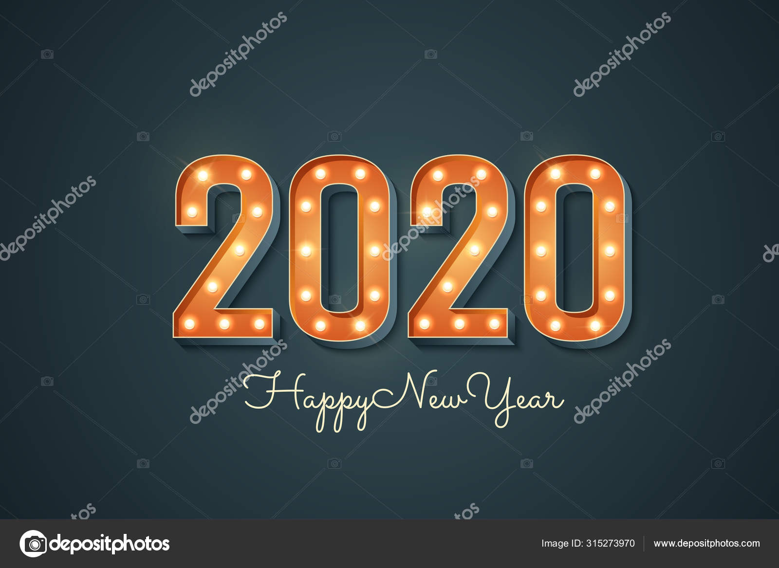 2020 sign with light bulb. Happy new year greeting card with 3d ...