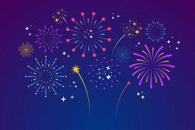 Decorative colorful fireworks explosions isolated on dark background. New Year's Eve fireworks. Festive sparks and explosions. Element for yor design. Vector illustration