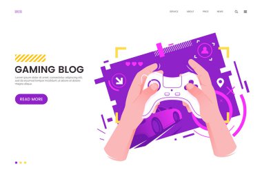 Oyun vektör çizimi. Oyun arayüzü olan soyut bir arkaplanda oyun sahası tutan eller. Düz stil. Günlük, haber, siber spor eşleşmeleri için uygulanabilir.