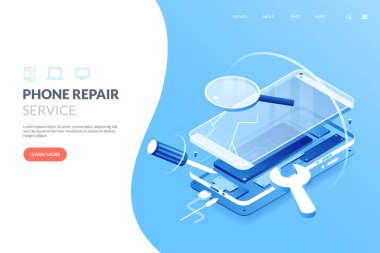 Akıllı telefon onarım servisi vektör çizimi. Parçalanmış akıllı telefon izometrik görüntüde. Cep telefonu tamir işlemi. Cihazları web pankartı konseptini düzelt.