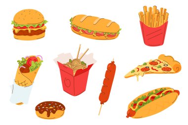 Fast food vektör çizimi. Sokak yemekleri menüsü - hamburger, sandviç, patates kızartması, çörek, kebap, çörek, sosis, sosis ve bir dilim pizza. Beyazlar üzerinde izole edilmiş servis yemekleri.