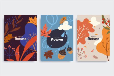 Farklı stillerde sonbahar arkaplan koleksiyonu. Sonbahar ormanlı, dökülen yapraklı, renkli yapraklı soyut çizimler. Olay davetiyesi, baskı tasarımı, indirim kuponu ve reklam için kullan. Vektör 10