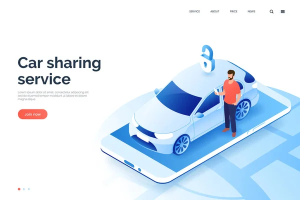 車の共有サービス等価イラスト スマートフォンを持った男がカーシェアリング オートの隣に立っている モバイルアプリ経由でレンタカー 市の交通機関 ビジネスのためのデザイン要素 — ストックベクタ