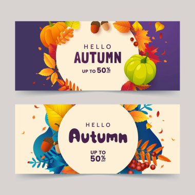 Düşmüş kırmızı-portakal yaprakları, meşe palamudu ve olgun balkabağı renkleriyle sonbahar pankartı tasarımı. Sonbahar çerçeveli tanıtım afişi. Vektör illüstrasyonu