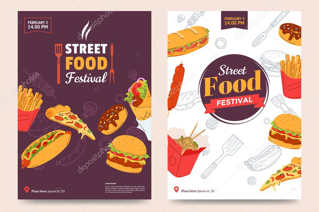 Street food festival poster design. Fast food banner design with burger, sandwich, french fries, doner kebab, noodles, donut, sausage, hot dog and a slice of pizza. Vector illustration.