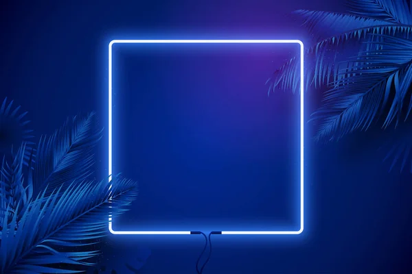 Blauw Neon Vierkant Frame Omgeven Door Palmtakken Gloeiende Neongrens Vector — Stockvector