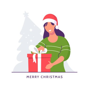 Noel Baba şapkası takan mutlu kız kırmızı kurdeleli hediye kutusunu açıyor. Sürpriz kutulu gülümseyen kadın. Noel 'i kutluyoruz. Boks günü illüstrasyonu. Düz stil. Vektör 10.