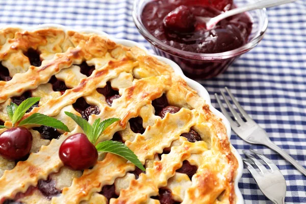 Delicious Cherry Pie Jam Dish Kitchen Table — Stock Photo, Image