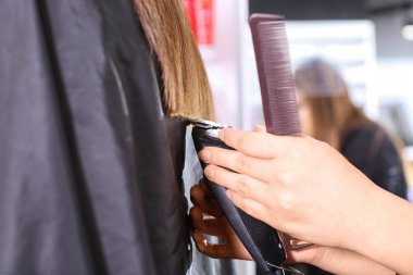 Salonda, portre profesyonel stilist kesme kadın saçı