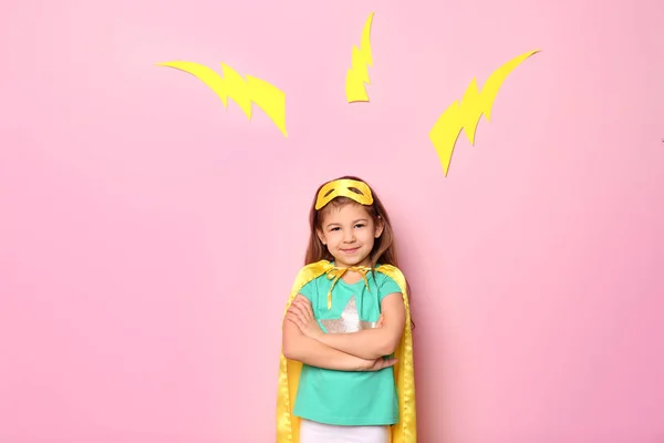 Cute Girl Superhero Costume Color Background — Stock Photo, Image