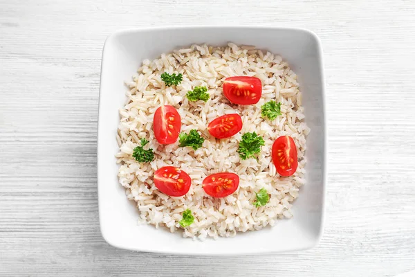 Deska Vynikající Hnědá Rýže Zelenina Stole — Stock fotografie