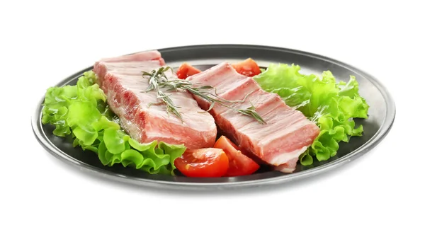 Plate with fresh raw ribs on white background — Stock Photo, Image