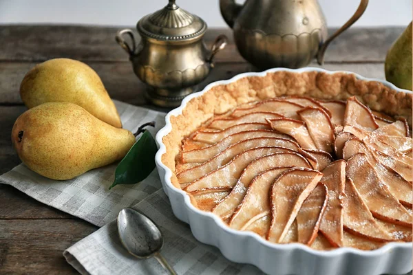 Baking Dish Tasty Pear Tart Table — Stock Photo, Image