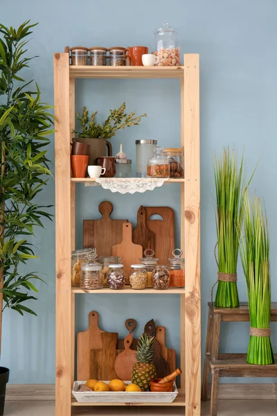 Wooden Storage Stand Kitchenware Different Foodstuff Indoors — Stock Photo, Image