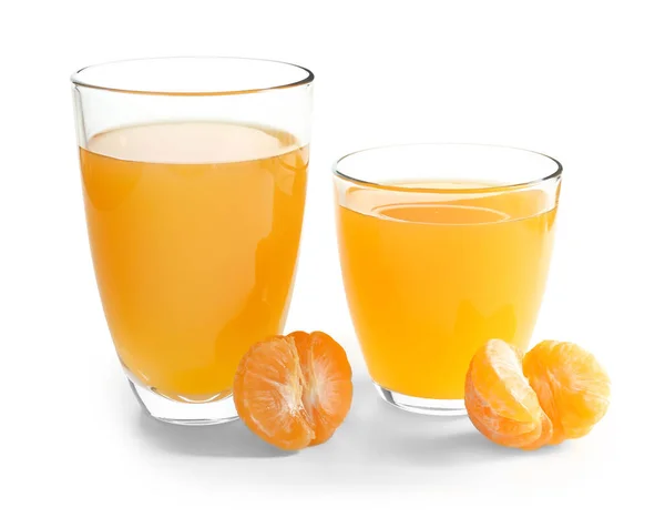 Glasses Tangerine Juice Ripe Peeled Fruit White Background — Stock Photo, Image