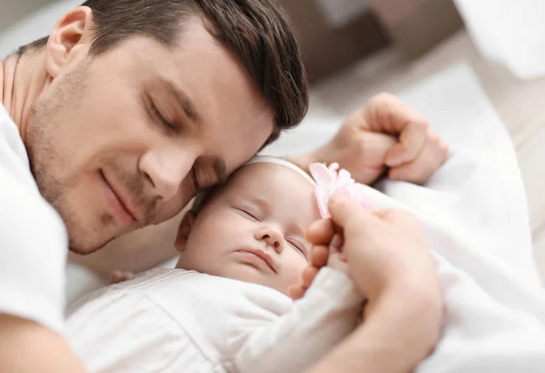 Young Father His Baby Bed Home — Stock Photo, Image