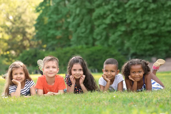 Leuke Lieve Kinderen Liggend Groen Gazon Een Park Rechtenvrije Stockfoto's