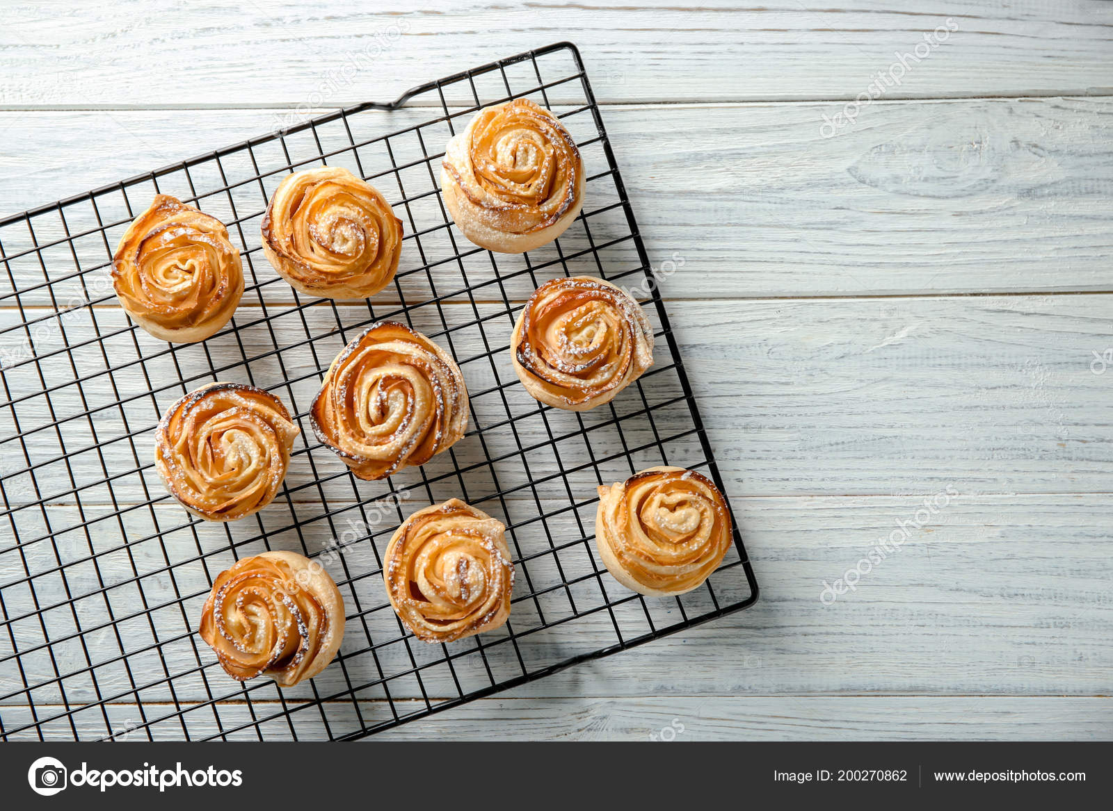 Cooling Rack Apple Roses Puff Pastry Wooden Background Stock Photo Cooling Rack Apple Roses Puff Pastry Wooden Background Stock Photo