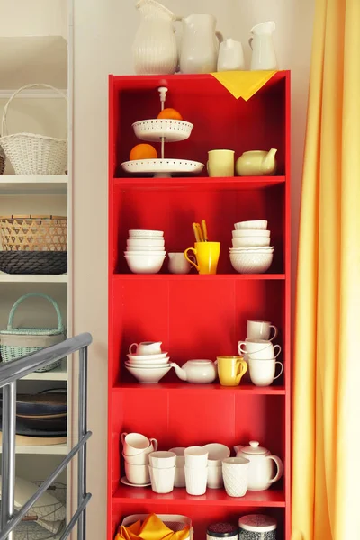 Red Storage Stand Ceramic Dishware Indoors — Stock Photo, Image