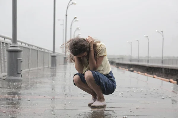 Depressed Young Woman Rainy Day Outdoors — Stock Photo, Image