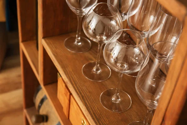 Wine Glasses Shelf Wooden Storage Stand Indoors — Stock Photo, Image