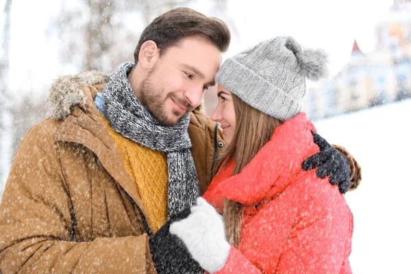 Kış tatili karlı Park'ta genç Çift