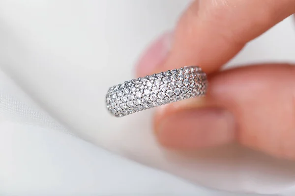 Woman Holding Beautiful Engagement Ring Light Background Closeup — Stock Photo, Image