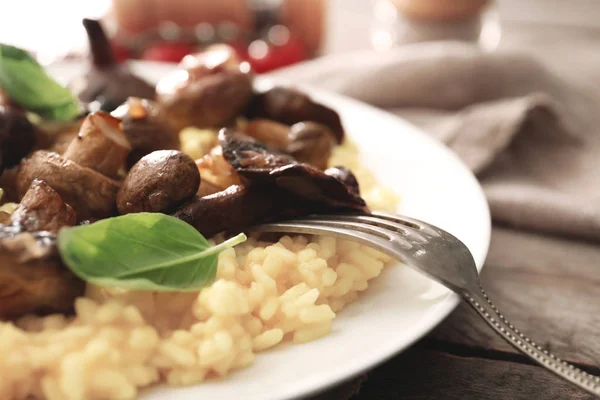Plate Tasty Risotto Mushrooms Table Closeup — Stock Photo, Image