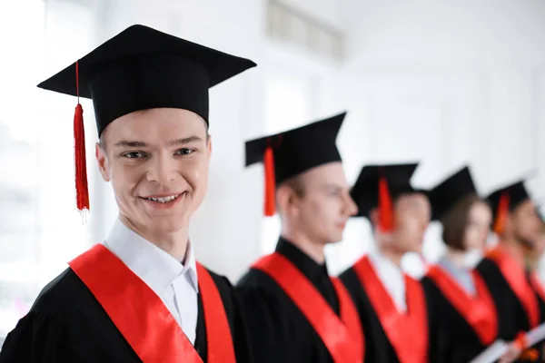 Student Bachelor Robe Indoors Graduation Day — Stock Photo, Image